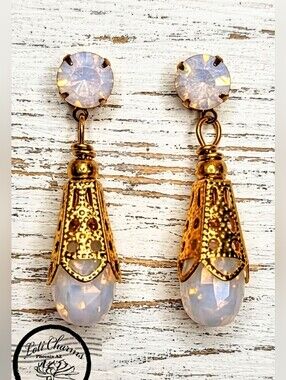 Rose Pink Opal In Victorian Filligree Gold Plated Drop Earrings